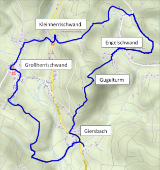 Zum Verlängern: Die sportlichen Wanderer können gut im Südwesten eine Schlaufe über den Riesenbühl (unten links im Bild gezeigt) oder entlang der Hauensteiner Murg anhängen. 